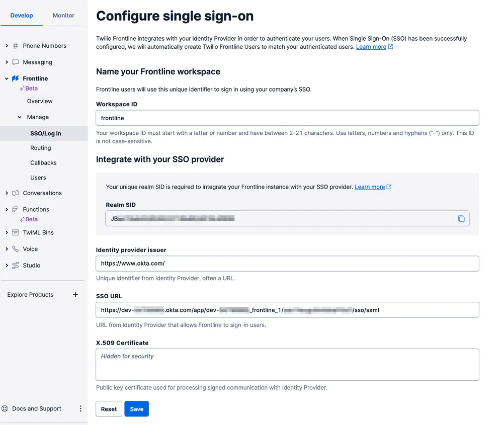 SSO configuration page for Twilio Frontline with fields for Workspace ID, Realm SID, and SSO URL.
