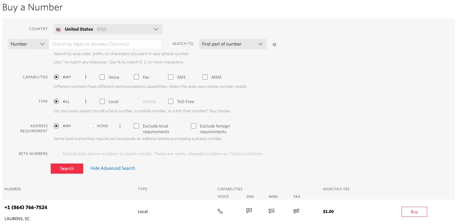 Phone number review with $1.00 monthly fee and capabilities for voice, fax, SMS, and MMS.