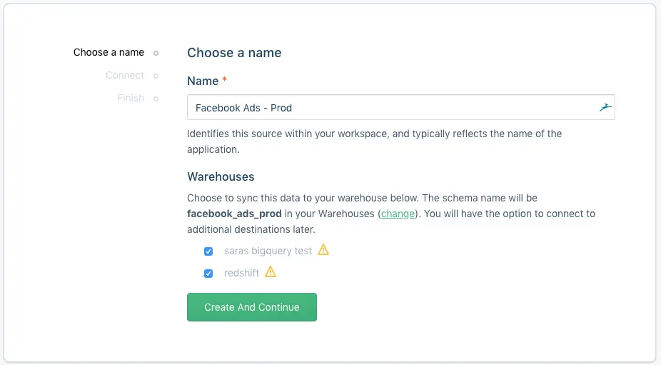 Select a Facebook Ads account step with account options and select button.