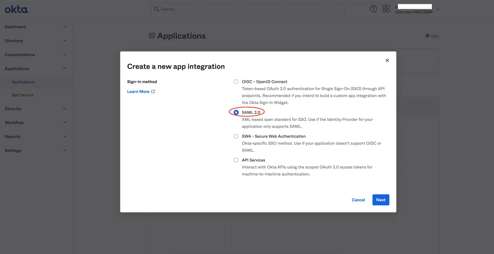 Okta new app integration with SAML 2.0 selected for sign-in method.