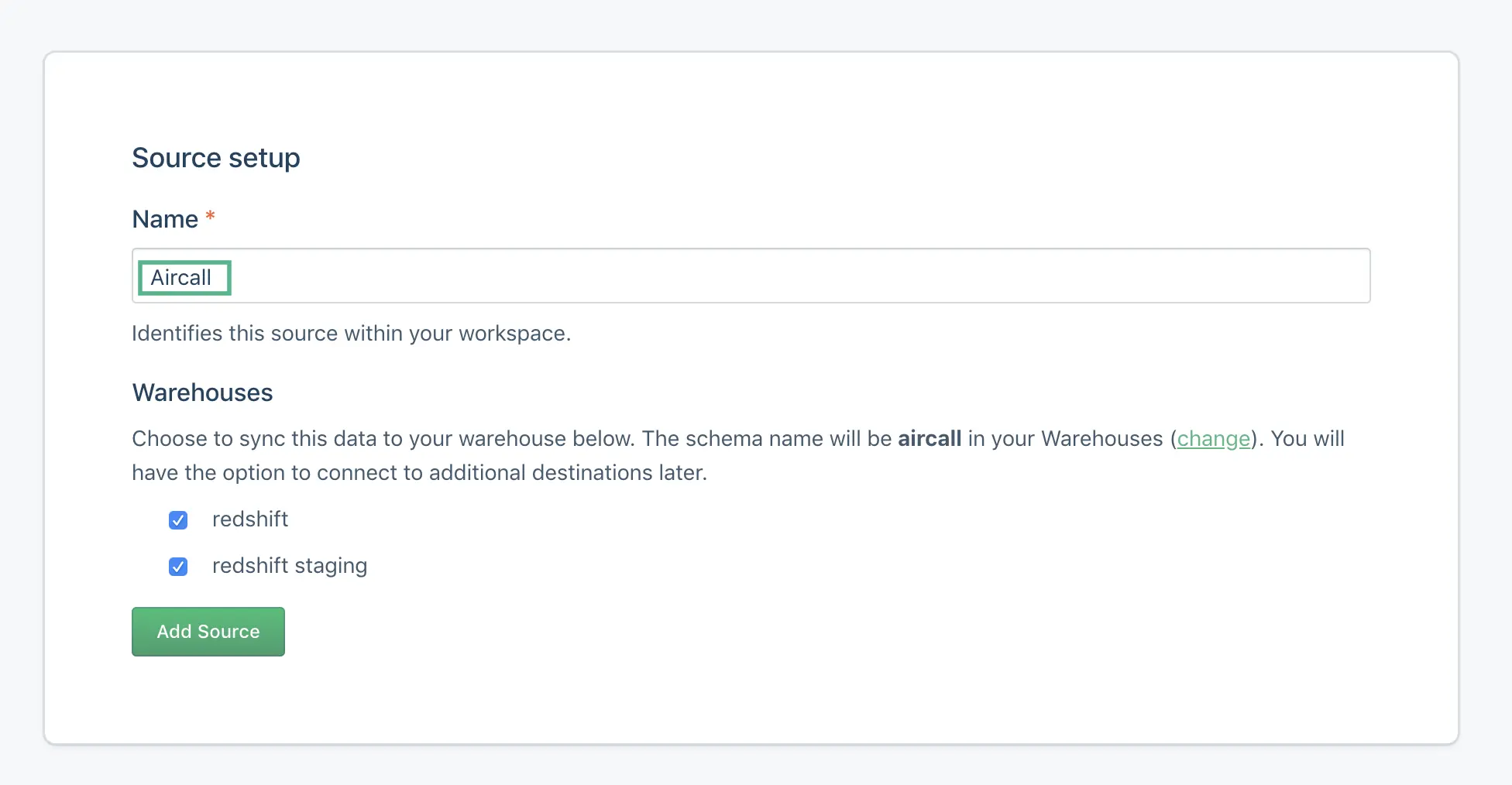 A screenshot of the Source setup page in Segment, with two warehouses connected.