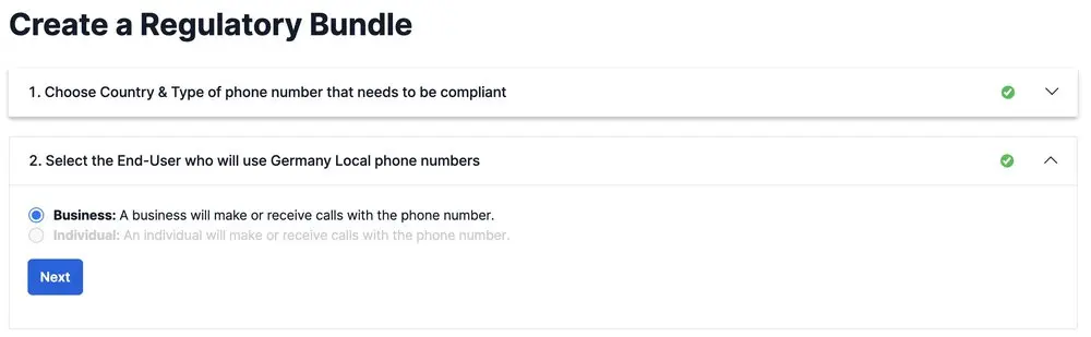 Select Business as the end user for Germany local phone numbers.