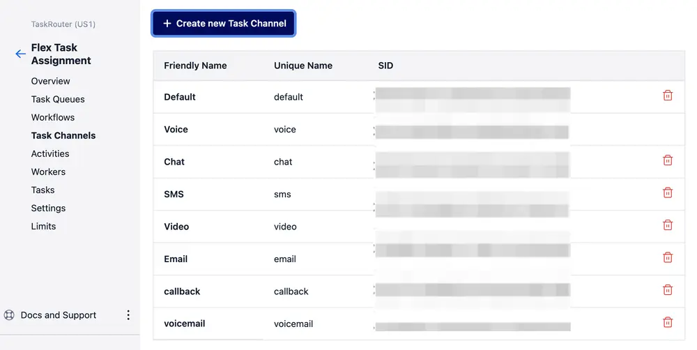 Task channels list including voice, chat, SMS, video, email, callback, and voicemail.