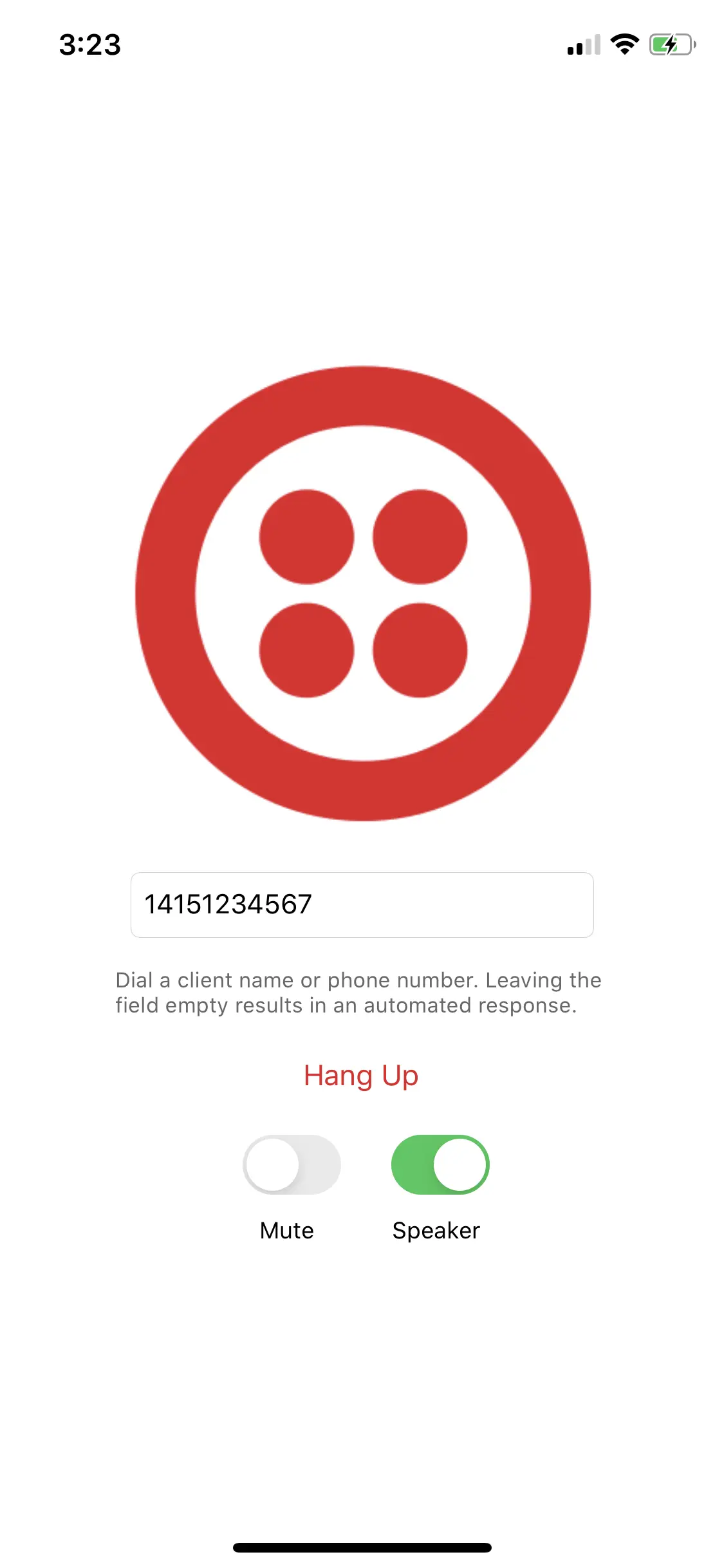 Twilio logo with call interface displaying number 14151234567, options to hang up, mute, and speaker.