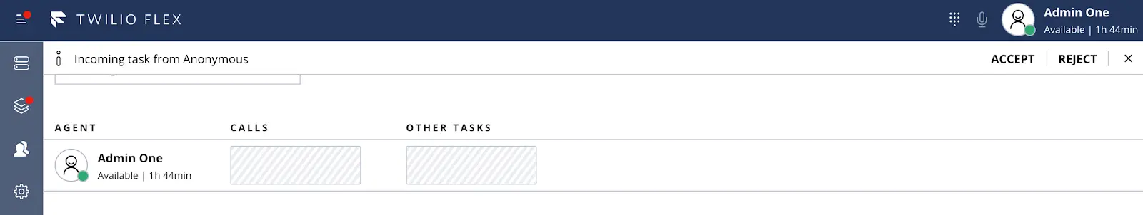 Twilio Flex interface showing unread message notification for Bob in chat tasks.