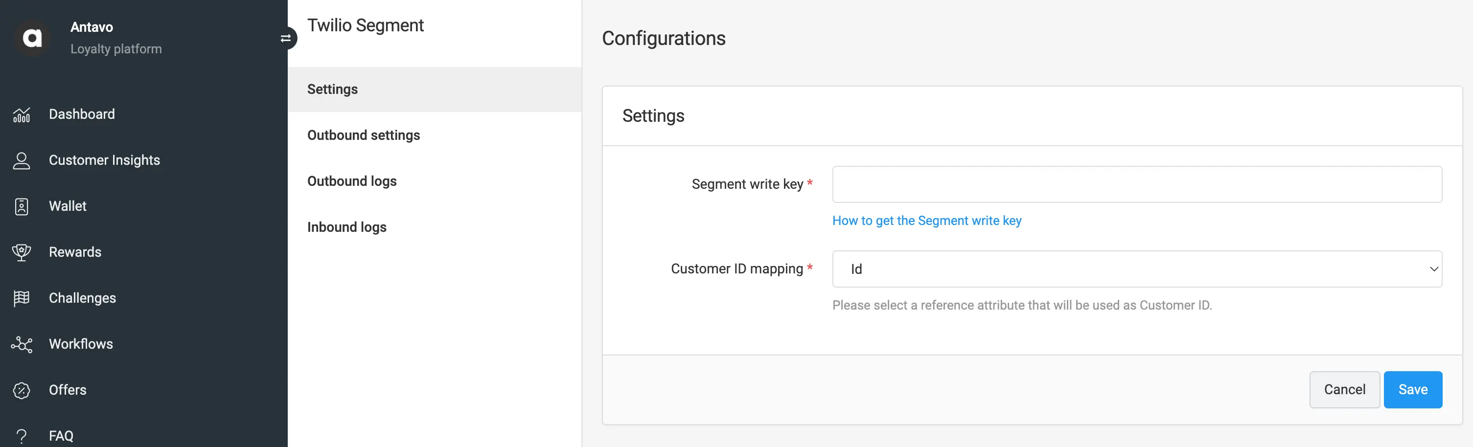 Antavo loyalty platform settings for configuring Twilio Segment write key and customer ID mapping.