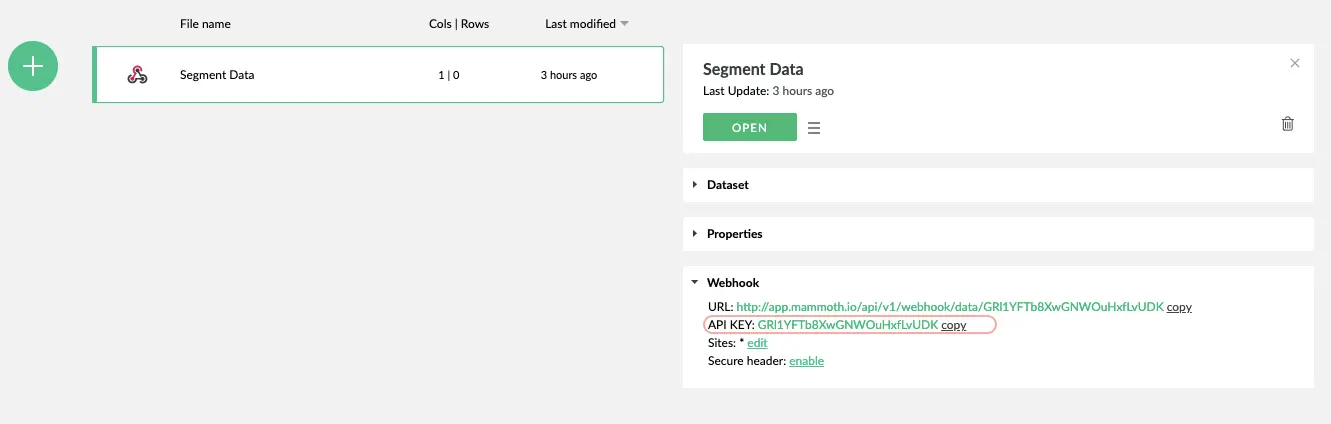 Segment Data set in Mammoth with webhook URL and API key details.