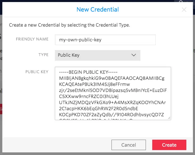 New Credential window with fields for Friendly Name, Type, and Public Key, plus Create and Cancel buttons.