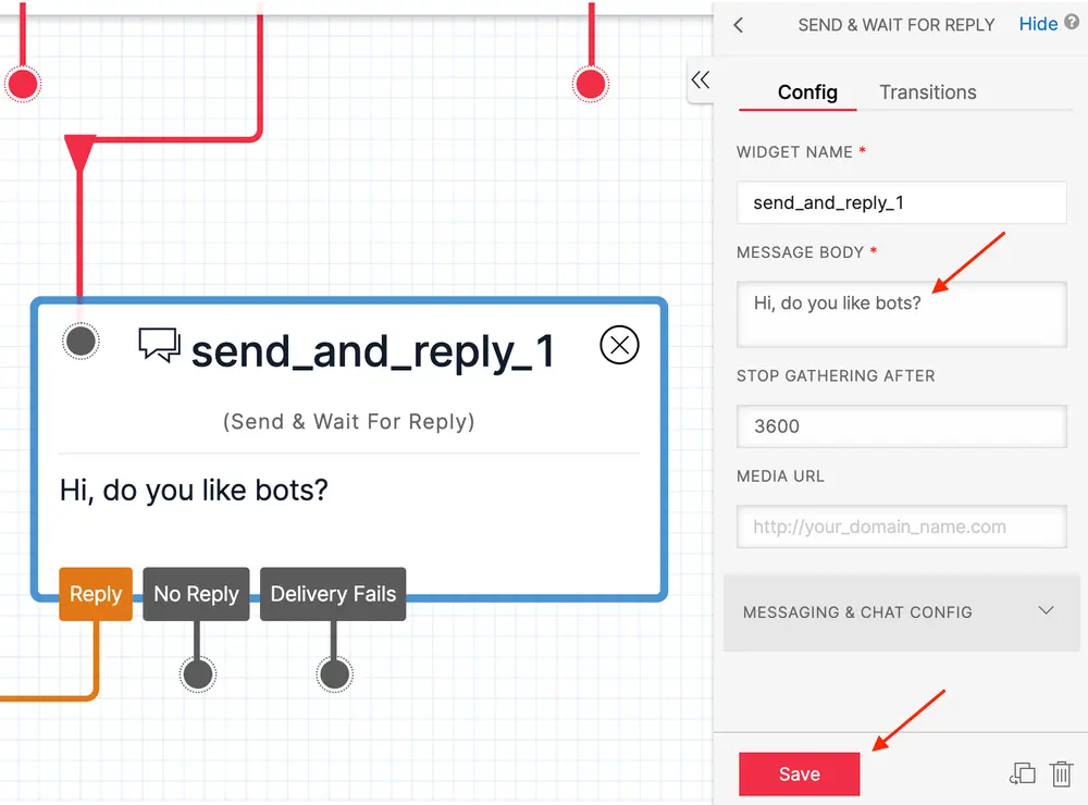 Configuring message body 'Hi, do you like bots?' in send and reply widget.