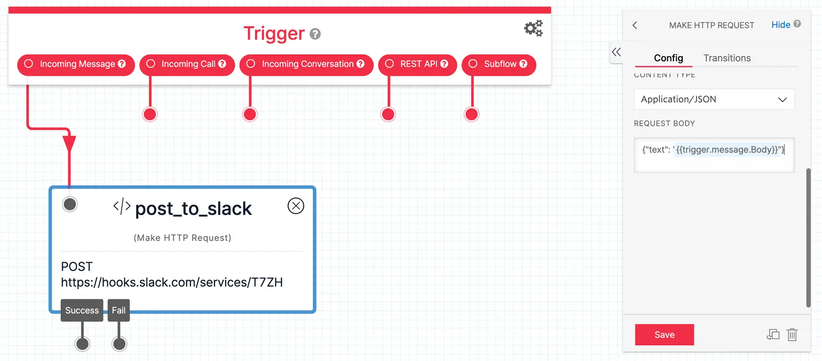Twilio Studio HTTP request widget posting to Slack with JSON request body configuration.