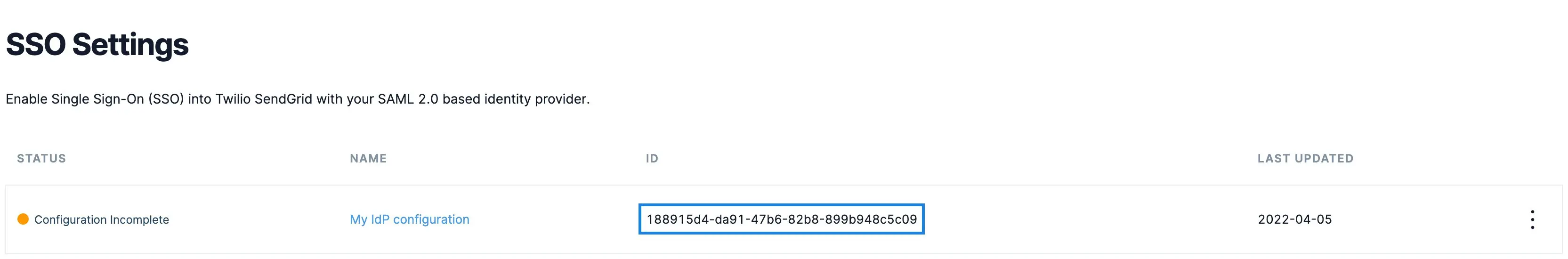 SSO Settings page showing incomplete configuration and integration ID.