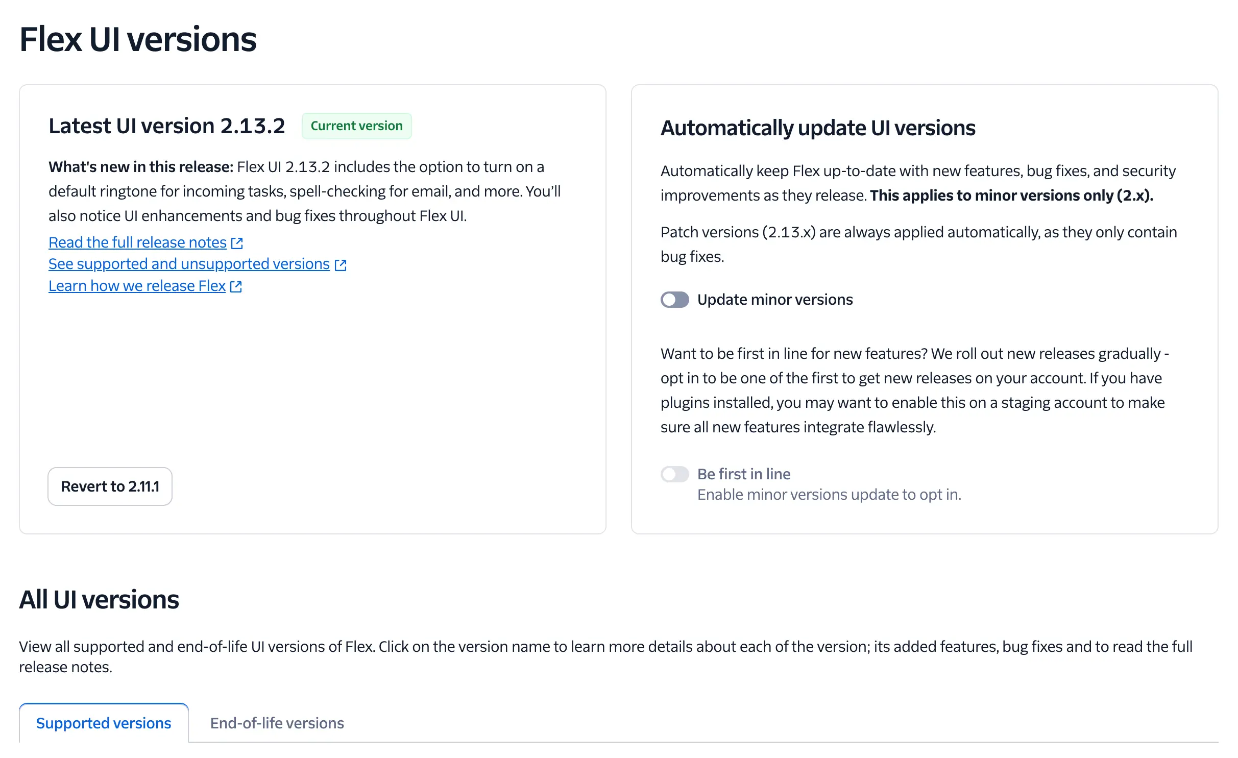 Flex UI version 2.13.2 details with options to update or revert versions.
