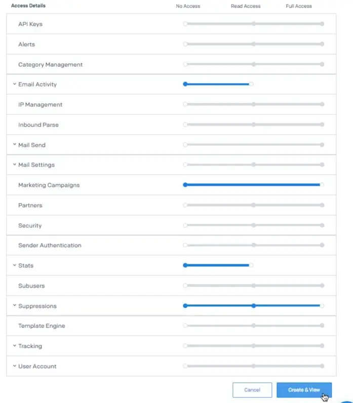 Access levels form with sliders for email activity, marketing campaigns, stats, and suppressions.