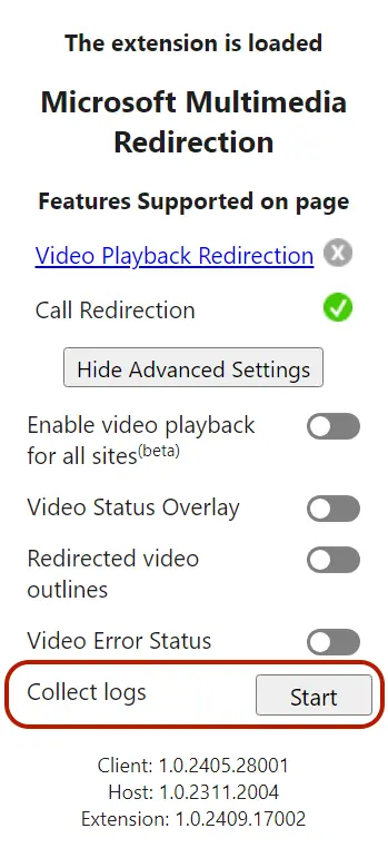 MMR extension settings pane with the Collect logs option circled.
