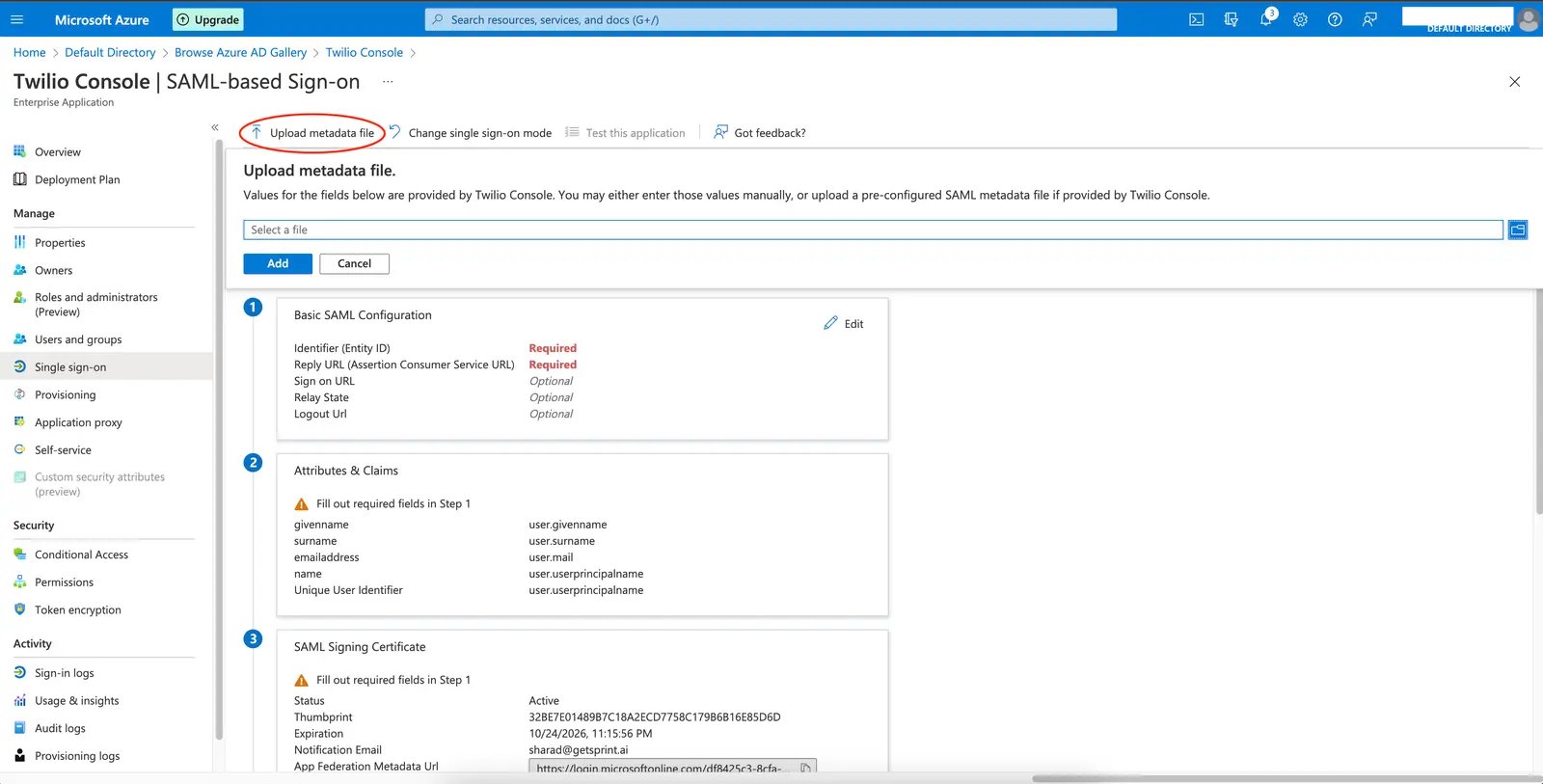 Azure AD SAML-based sign-on page showing SAML signing certificate and setup options for Twilio-StageSSOUAT.