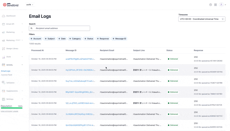 Email Logs results.