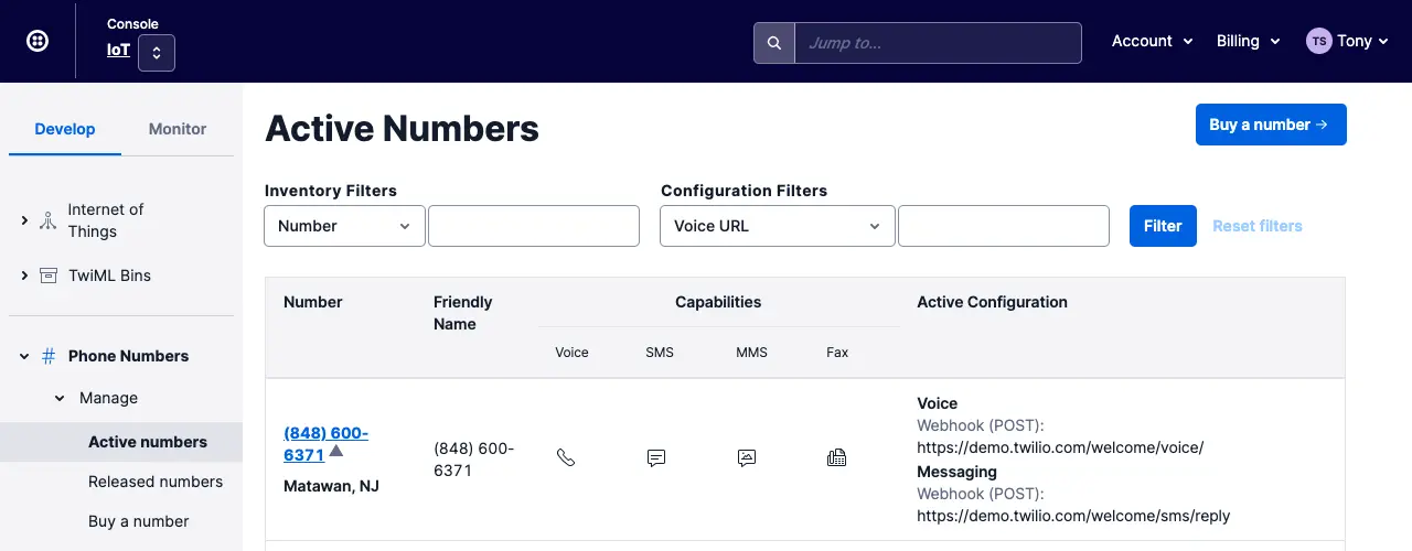 Active Numbers page showing phone number capabilities and configuration filters.
