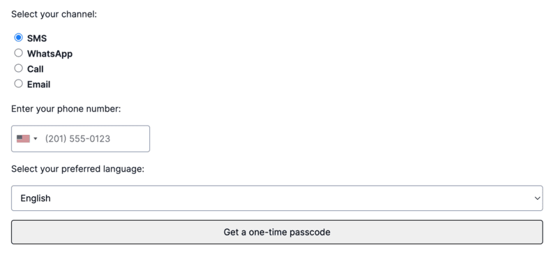 otp code exchange template view with phone number input and channel selection.