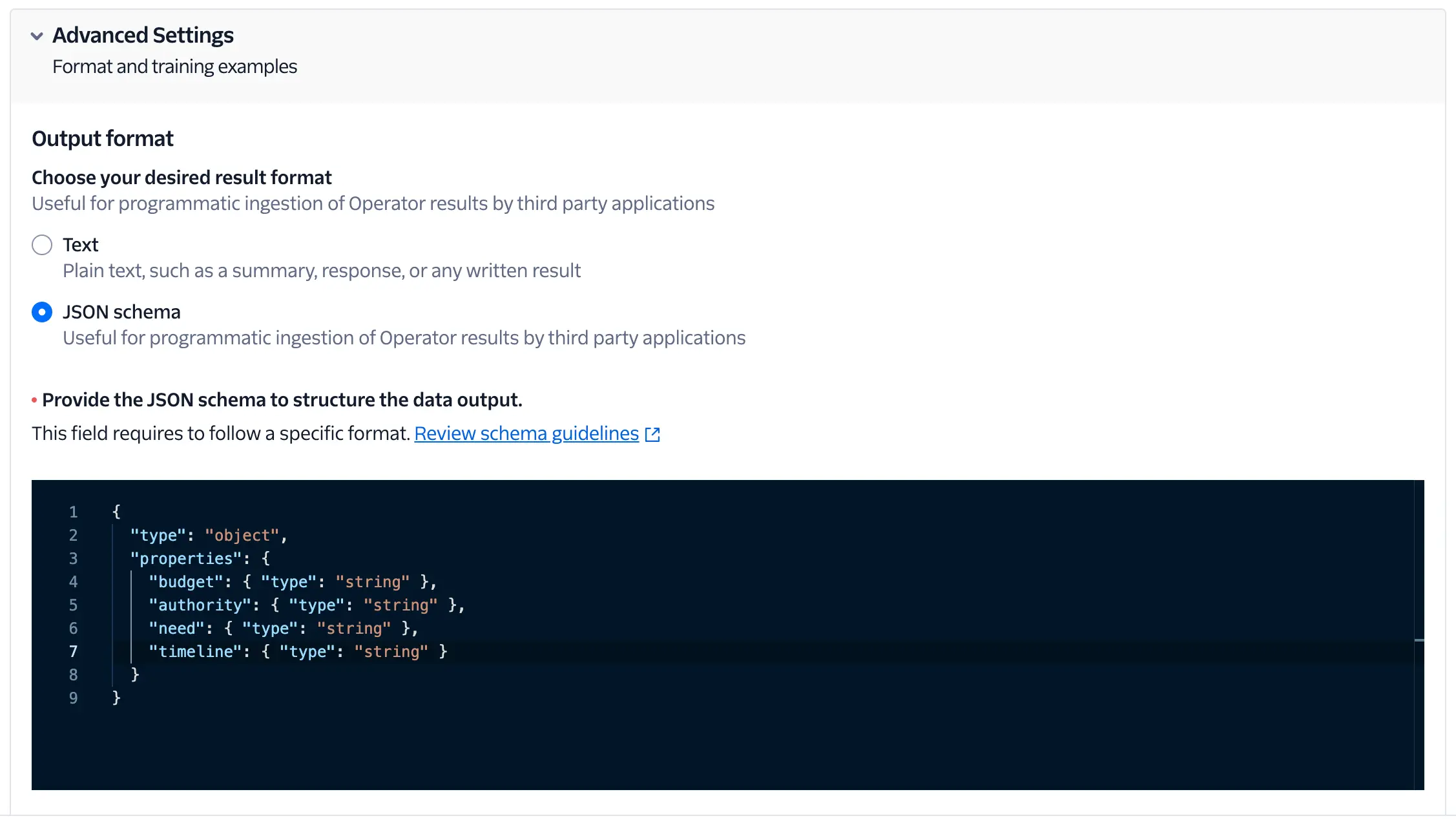 Advanced settings for JSON schema output format with example structure.