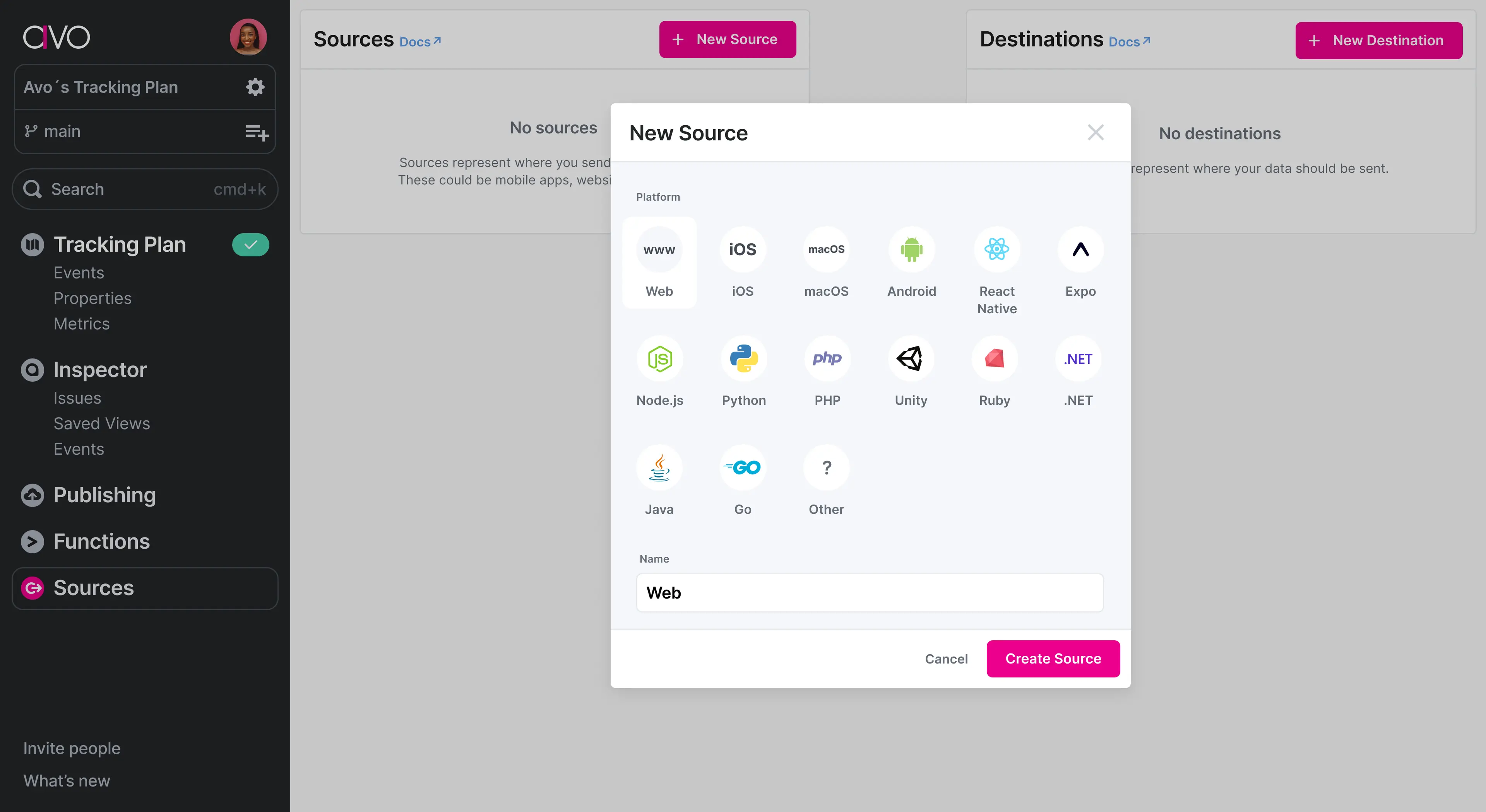 Dialog to select a new source platform in Avo with options like Web, iOS, and Android.