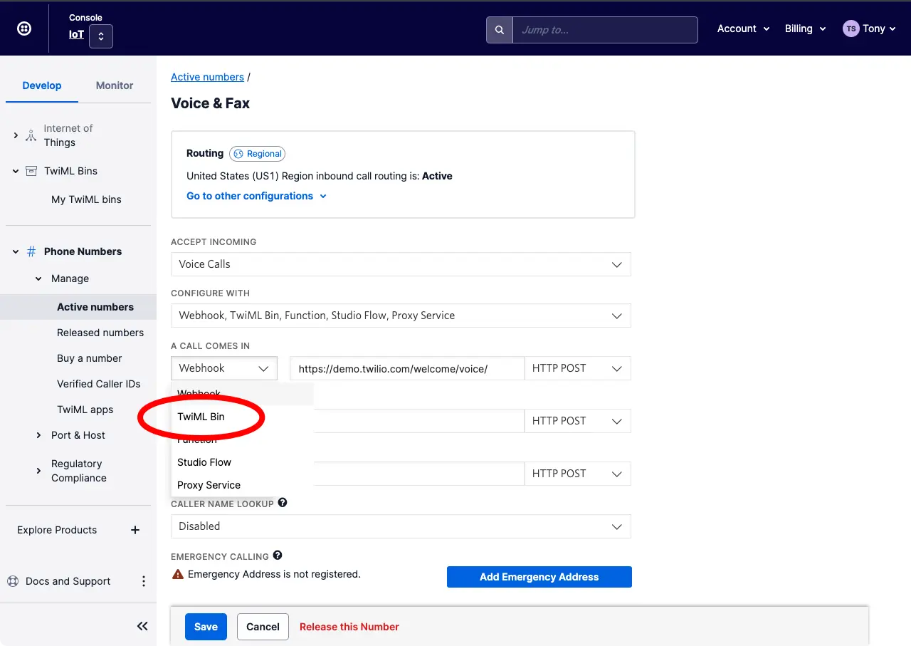 Twilio for Salesforce interface showing call forwarding to TwiML Bin option selected.