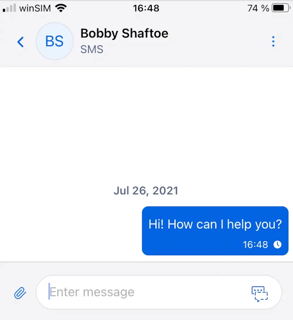 SMS conversation with message saying 'Hi! How can I help you?' sent on July 26, 2021.