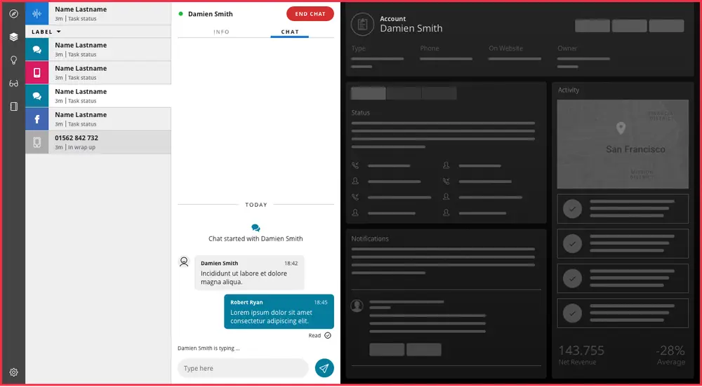 Chat interface showing conversation between Damien Smith and Robert Ryan about an order.