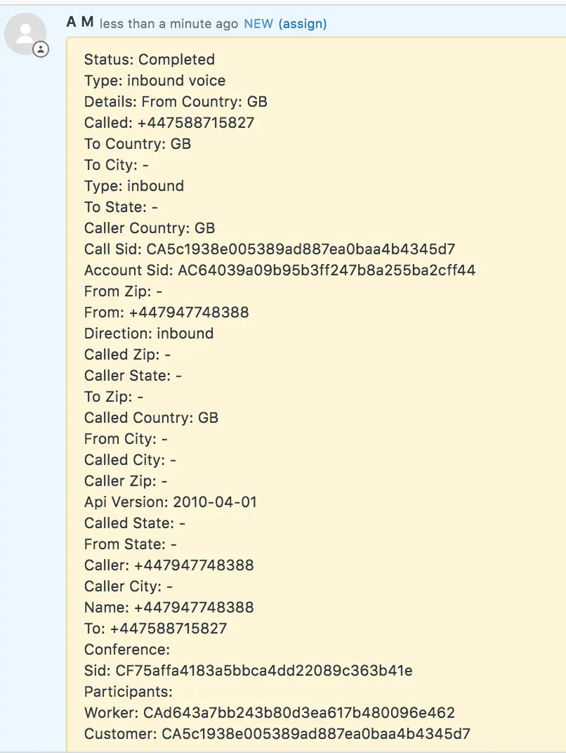 Call log details for inbound voice call from GB, status completed, with caller and called numbers.