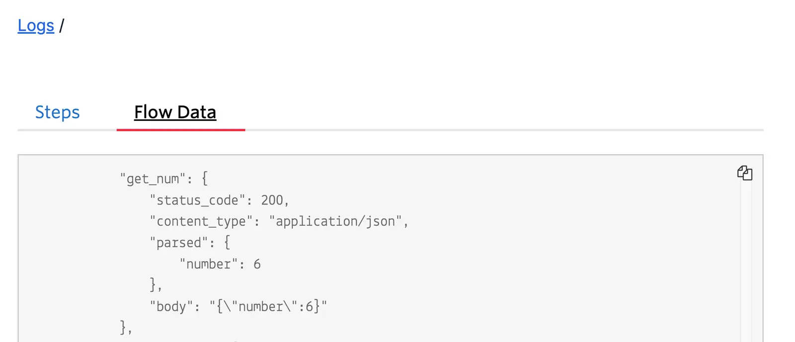 The Studio Flow logs display the information returned from the Run Function widget within a specific Execution.