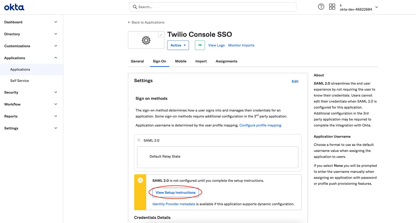 Okta settings page for Twilio Console SSO with SAML 2.0 setup instructions highlighted.
