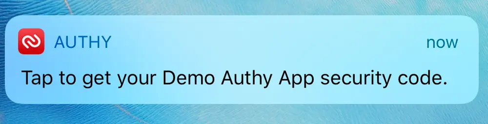 Authy notification: Tap to get your Demo Authy App security code.