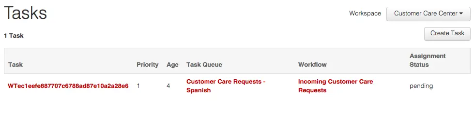 Task list showing a pending customer care request in Spanish.