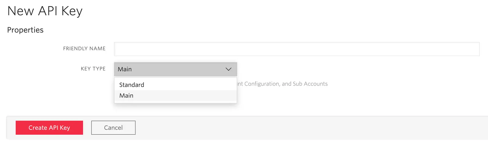 Form to create a new API key with fields for friendly name and key type selection.