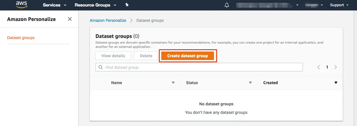 Amazon Personalize interface highlighting the Create dataset group button.