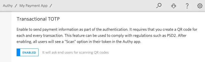 Transactional TOTP feature enabled for QR code scanning in Authy app.