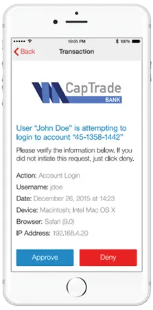 Mobile app screen showing login attempt details with approve and deny options.