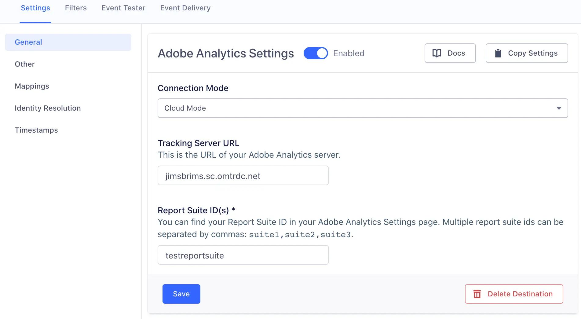 Adobe Analytics settings in Segment with the Identity Resolution section selected, showing options for Marketing Cloud ID and Visitor ID.