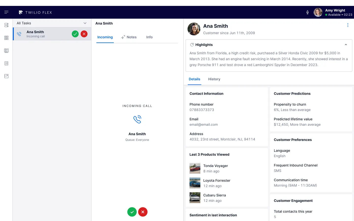 Twilio Flex interface showing a call task with contact Joe Doe in Salesforce.