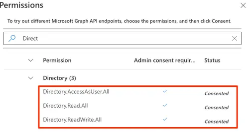 Microsoft Graph API permissions with consented status for Directory Access, Read, and ReadWrite.
