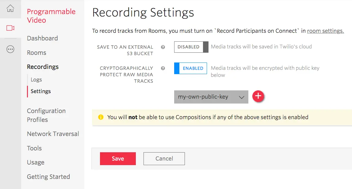 Recording settings page to save to S3 bucket (deactivated) and encrypt media tracks (activated) with a public key.