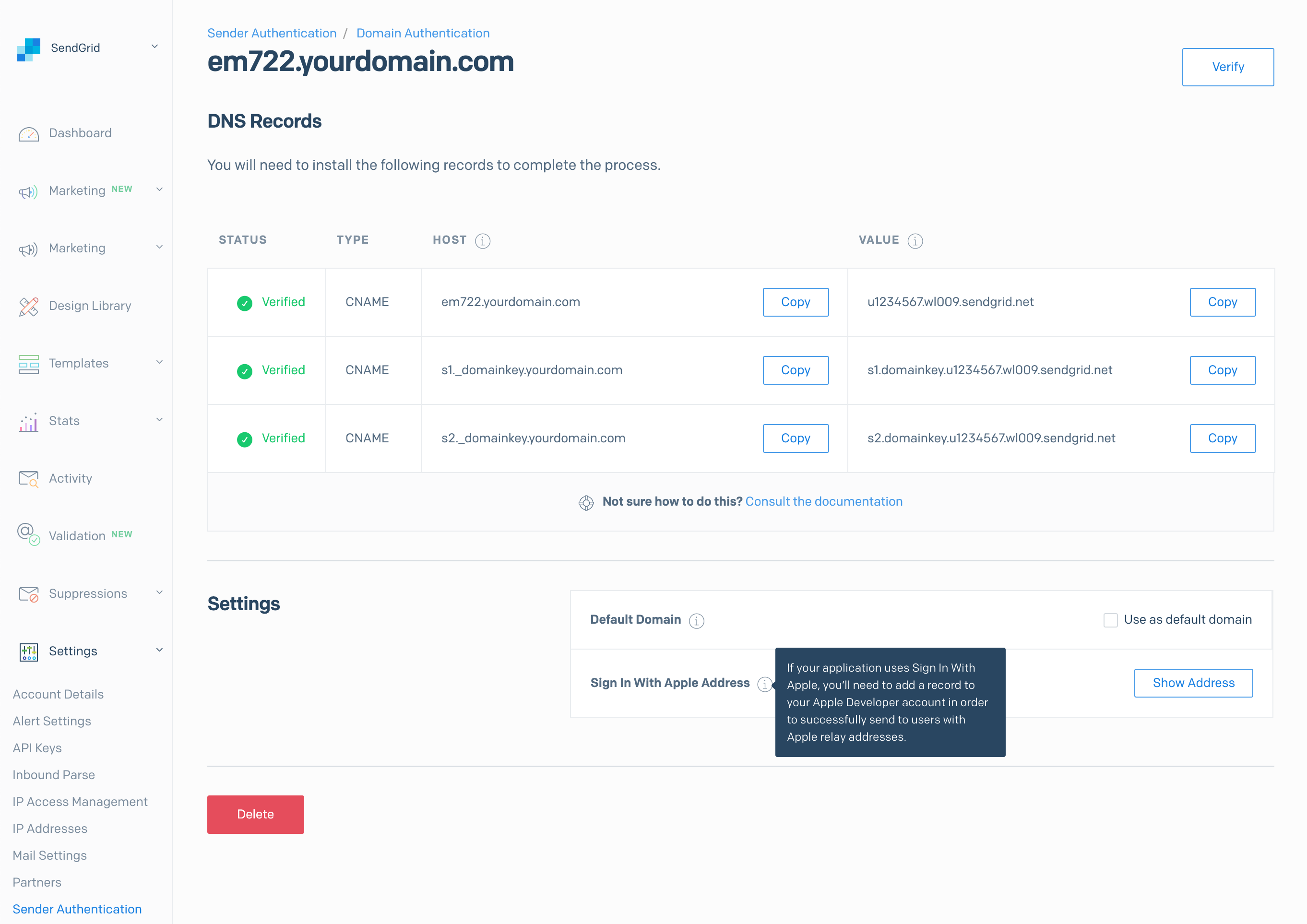 Tooltip explaining Sign In With Apple address setup in SendGrid settings.