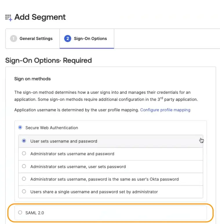 Sign-On Options page with SAML 2.0 highlighted in Okta settings.