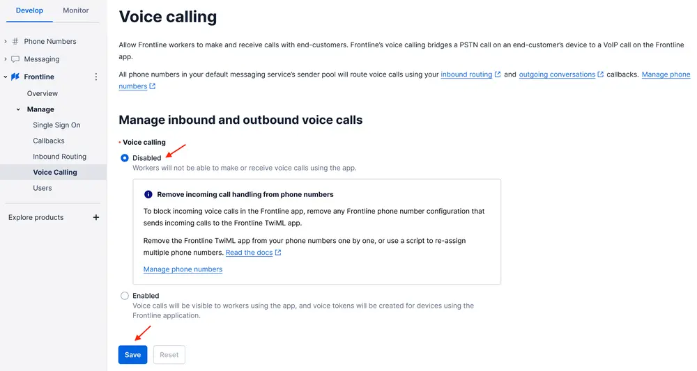 Voice calling disabled with instructions to remove incoming call handling.