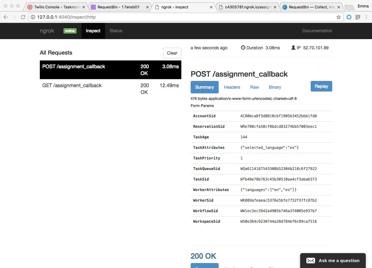 Ngrok request log showing POST and GET requests to /assignment_callback with 200 OK status.