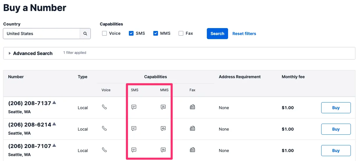 Table showing SMS and MMS capable phone numbers in Seattle, WA with monthly fee and buy option.