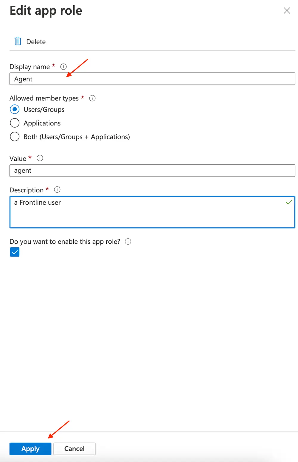 Form to edit app role with fields for display name, member types, value, and description.