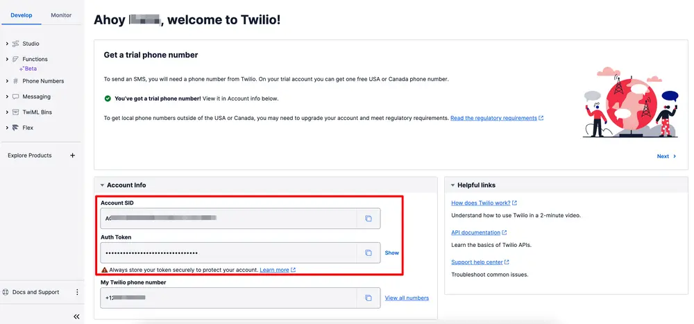 The 'Account Info' section in the Twilio Console includes the Account SID and Auth Token with icons to copy values.
