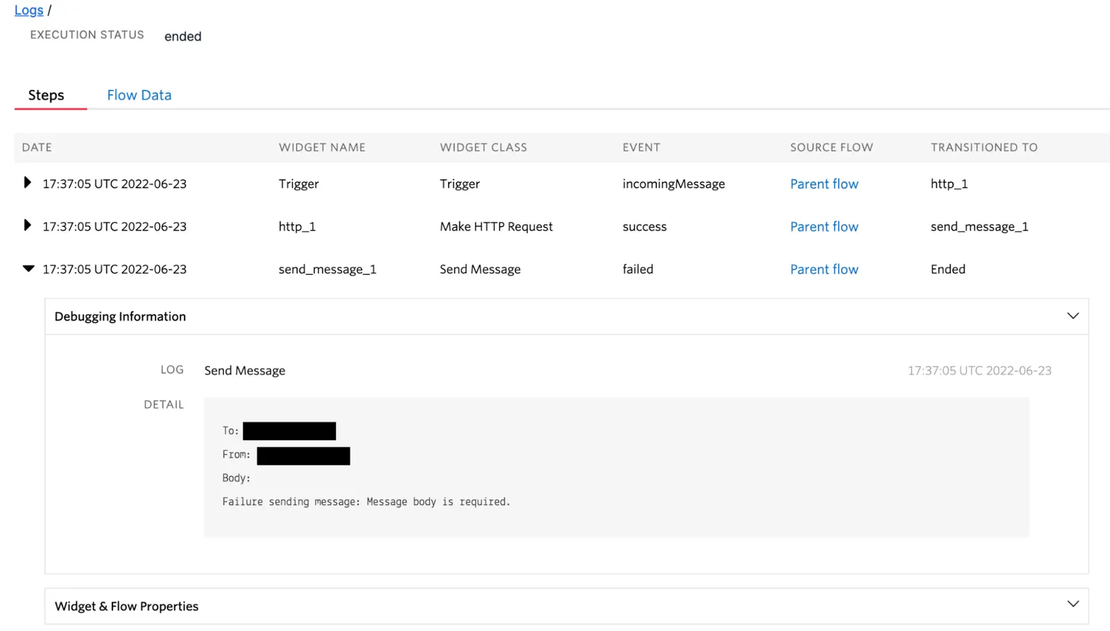 Twilio Studio log showing a failed Send Message event due to missing message body.