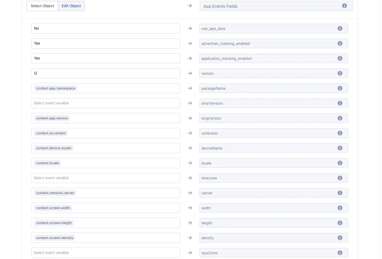 Mapping of app data fields to event fields for Facebook Conversions API.