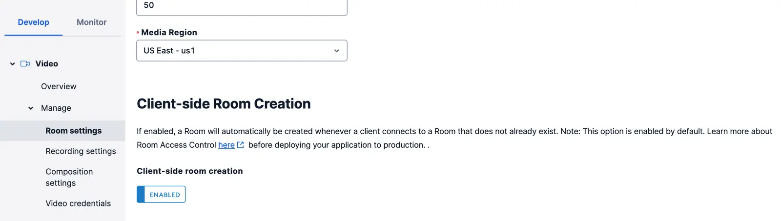 Twilio Console showing client-side room creation enabled in room settings.
